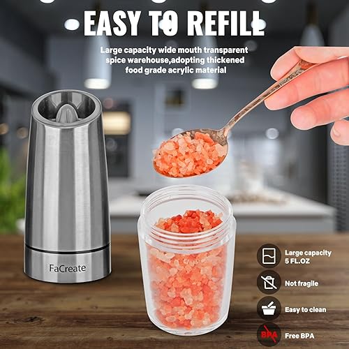 Miniatura 6 de Juego de molinillo eléctrico de sal y pimienta por gravedad, funcionamiento automático a pilas, grosor ajustable, negro (paquete de 2)