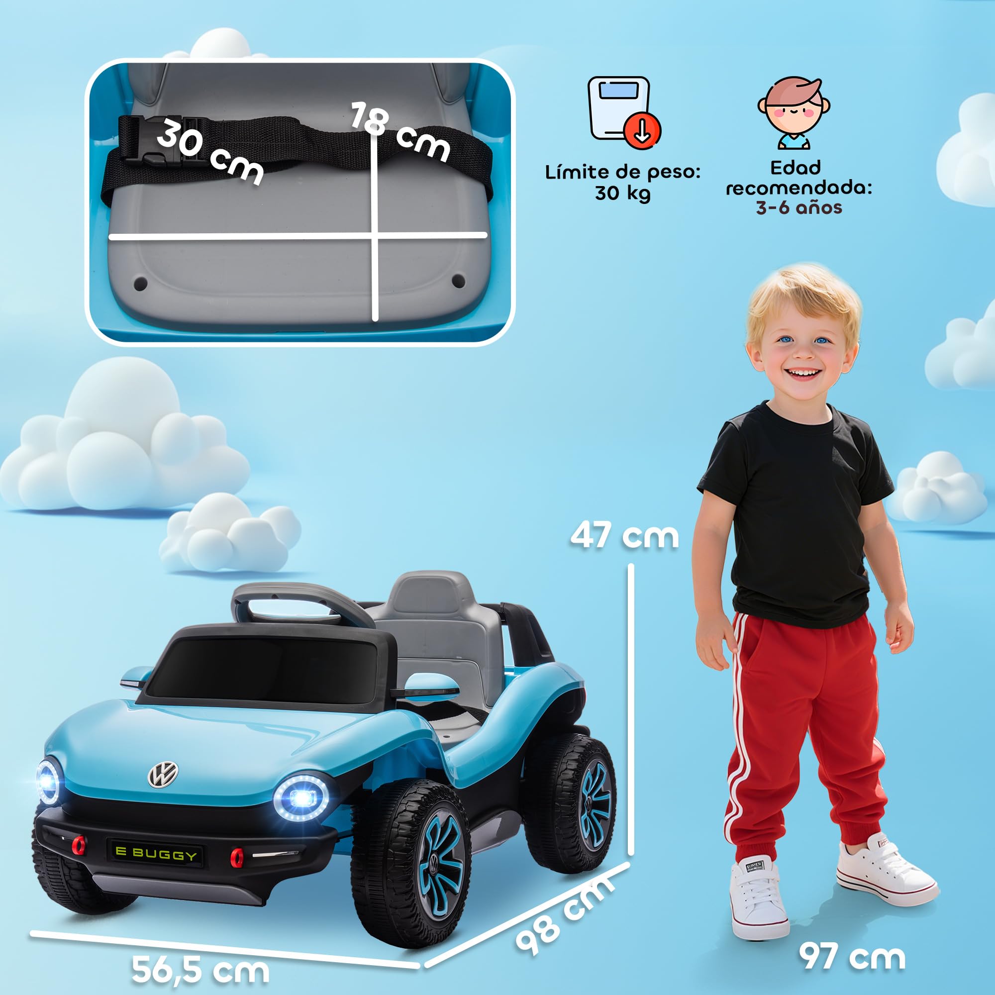 AIYAPLAY Coche Eléctrico para Niños de +3 Años, Volkswagen E-Buggy, Coche de Batería 12V, con Mando a Distancia 2,4 G, Ruedas con Suspensión, Faros LED, Música, USB, Motor Doble, Azul