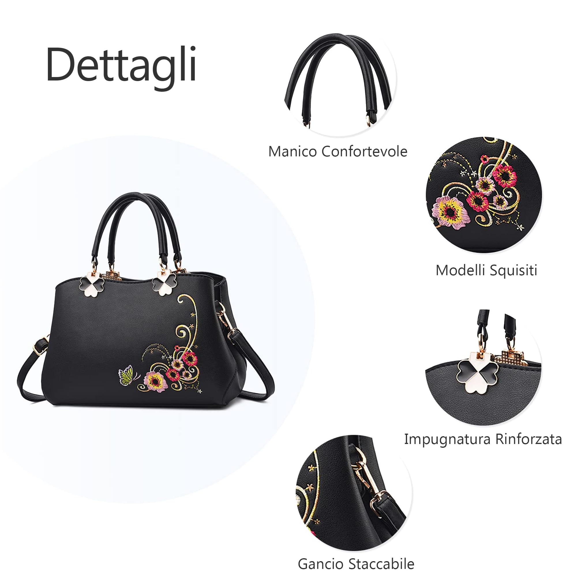 Borsa a Mano Piccola Donna Con Ricami Floreali - Elegante Borsetta a Spalla in Pelle PU - Tracolla per Shopping, Lavoro, Incontri - Crossbody Nero C
