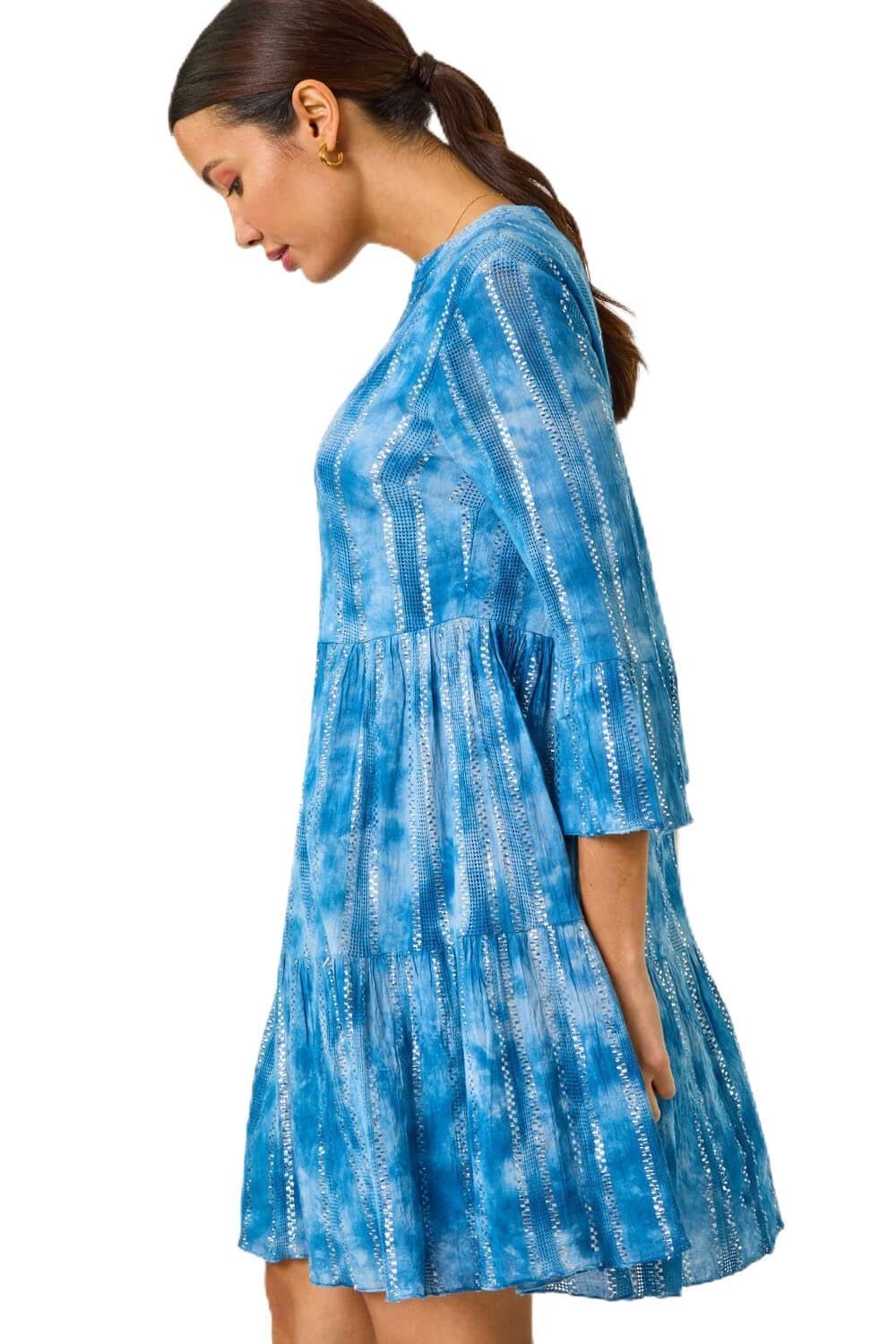 Roman Originals Women's Blue Tie Dye Smock Dress For Uk Cotton Summer Embroidered Frilled Tiered Casual Beach Cruise Holiday Cocktail Party 3/4 Sleeve Pull On Gathered Skirt