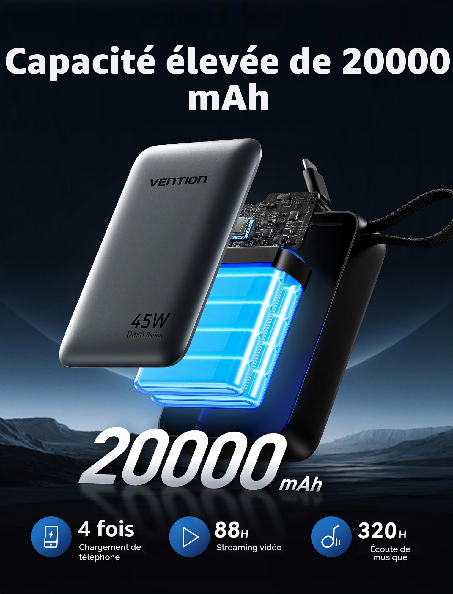 VENTION Mini Power Bank 45 W 20 000 mAh avec câble USB-C intégré, Chargeur Rapide PD/PPS, Batterie Externe de téléphone Portable avec écran LED pour iPhone 16/15/14, Galaxy S25/S24, iPad, Ordinateur