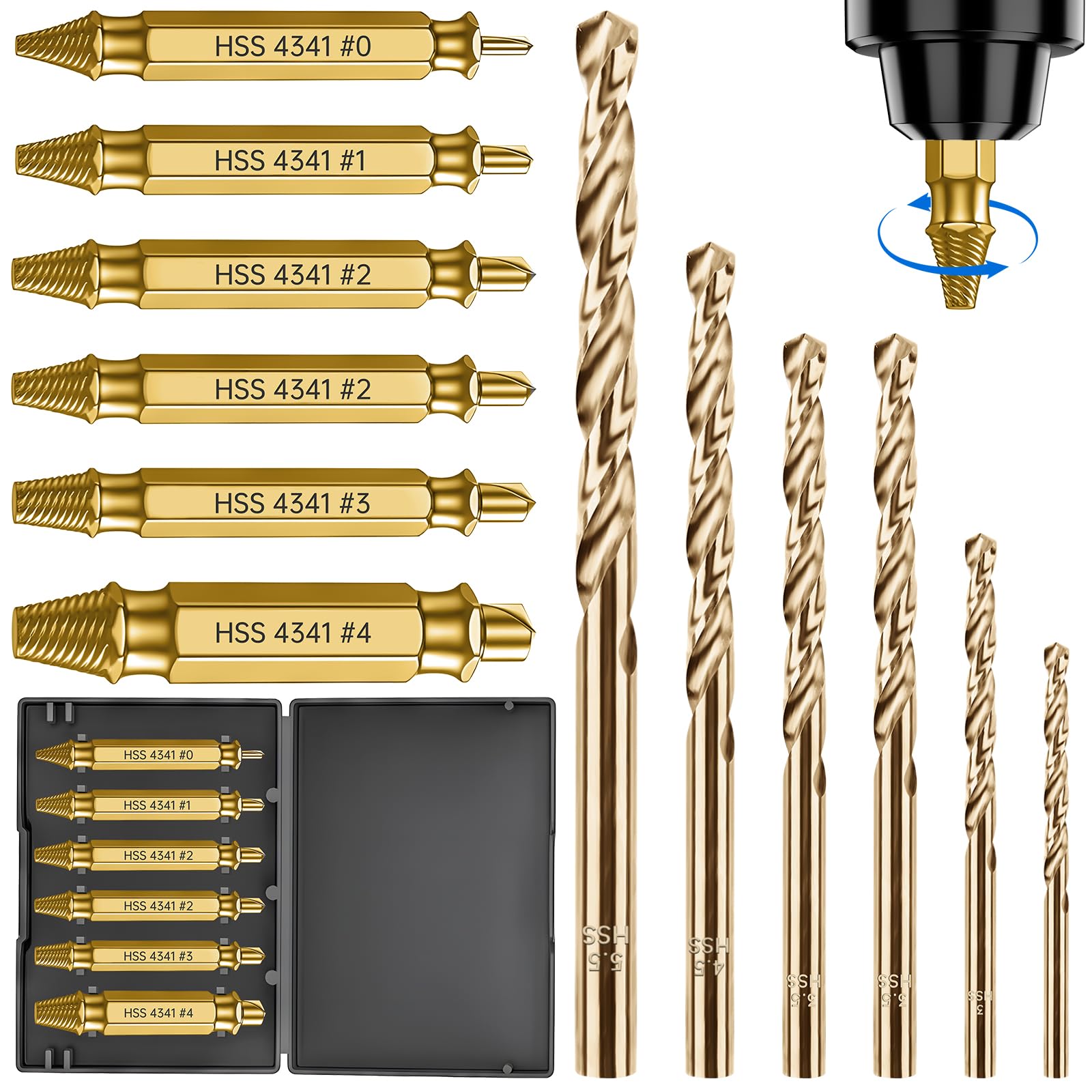Tomorotec12-Piece Damaged Screw Extractor Set for DIY & Professional Use, HSS 4341 Titanium Alloy Hardened Steel Stripped Screw Remover Kit with Drill Bits, 6 Screw Extractors and 6 Twist Drill Bits
