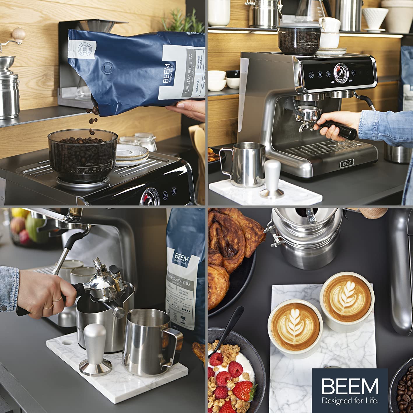 BEEM ESPRESSO-GRIND-PROFESSION caffettiera con macinino, programmabile | 2 termoblocchi per la preparazione simultanea di espresso e schiuma di latte | macinino a cono con 30 impostazioni