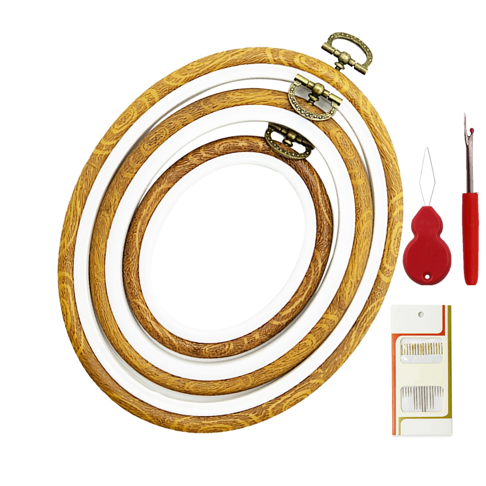 Round Oval Plastic Cross Stitch Rings 3 Sizes for DIY Craft Sewing Including 16 Gold Sewing Needles with 1 Thread Guide 1 Thread Puller