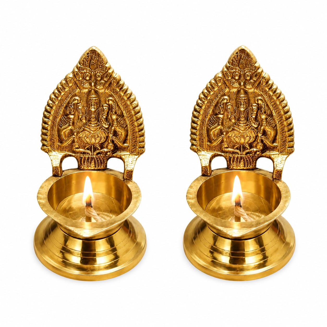Brass Lakshmi Diya Set of 2, Gold Finish Puja Oil Lamp | Deity Engraved Back, Traditional Design, Temple Worship, Festive Decor, Pair of Diyas-image-21