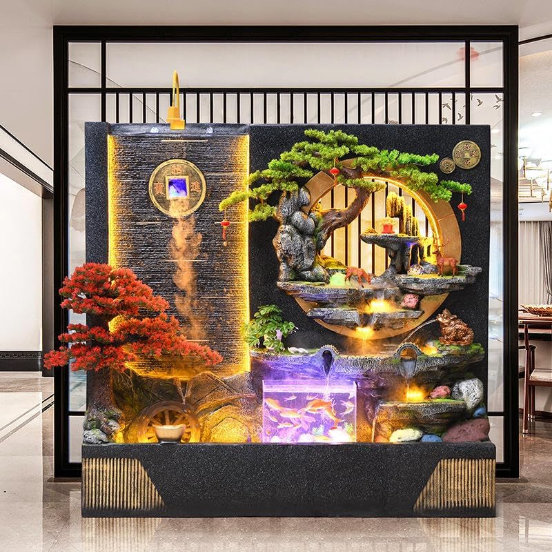 Modern Zen-Inspired Water Fountain with Multi-Level Waterfalls and LED Lighting – Standing Feature for Indoor/Outdoor Use, Includes Bonsai and Artistic Details(1899 Rockery+1666)
