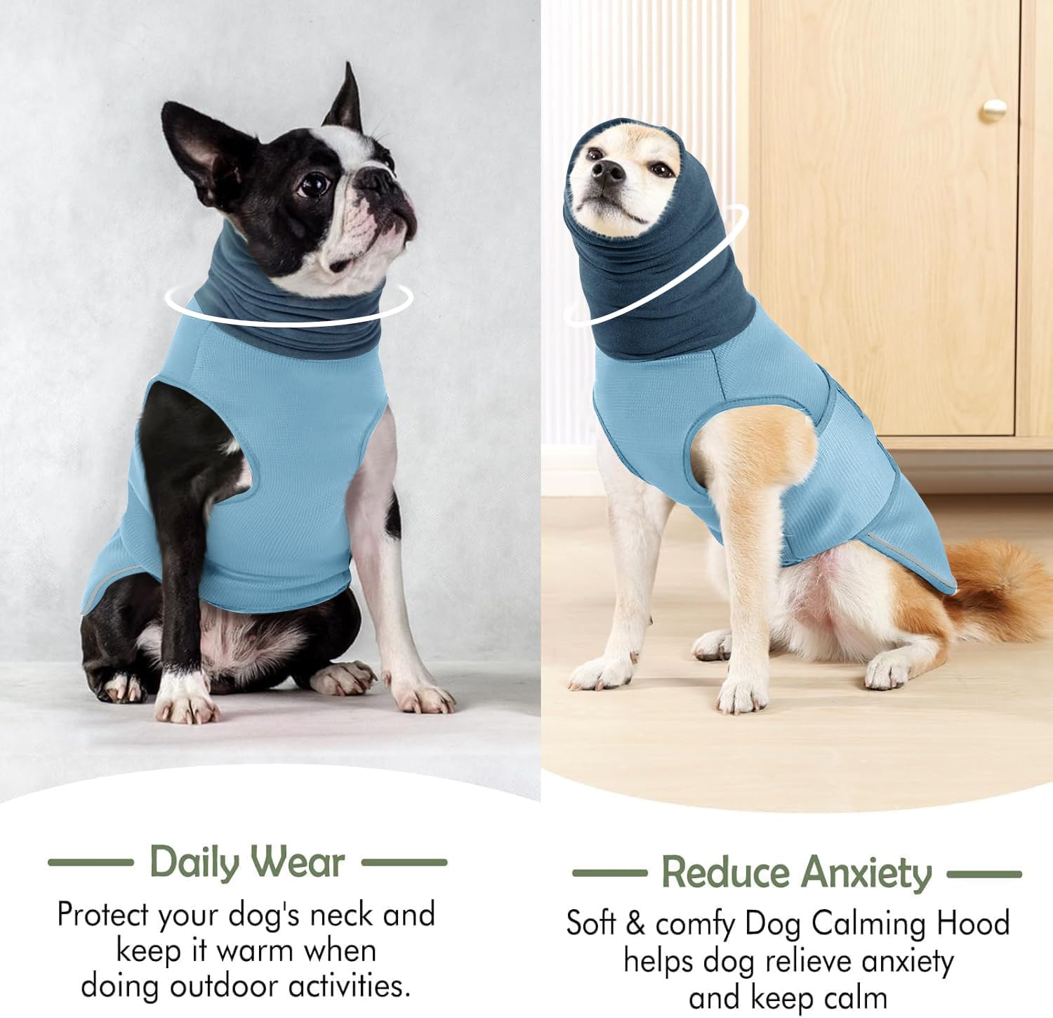 KOESON Beruhigender Kapuzenpullover für Hunde, Donnerjacke mit Ohrwickel, atmungsaktive Hunde-Angstweste für Donner, Feuerwerk, Reisen, Trennung, Komfort, Haustier-Angstlinderung, Hellblau, Größe L