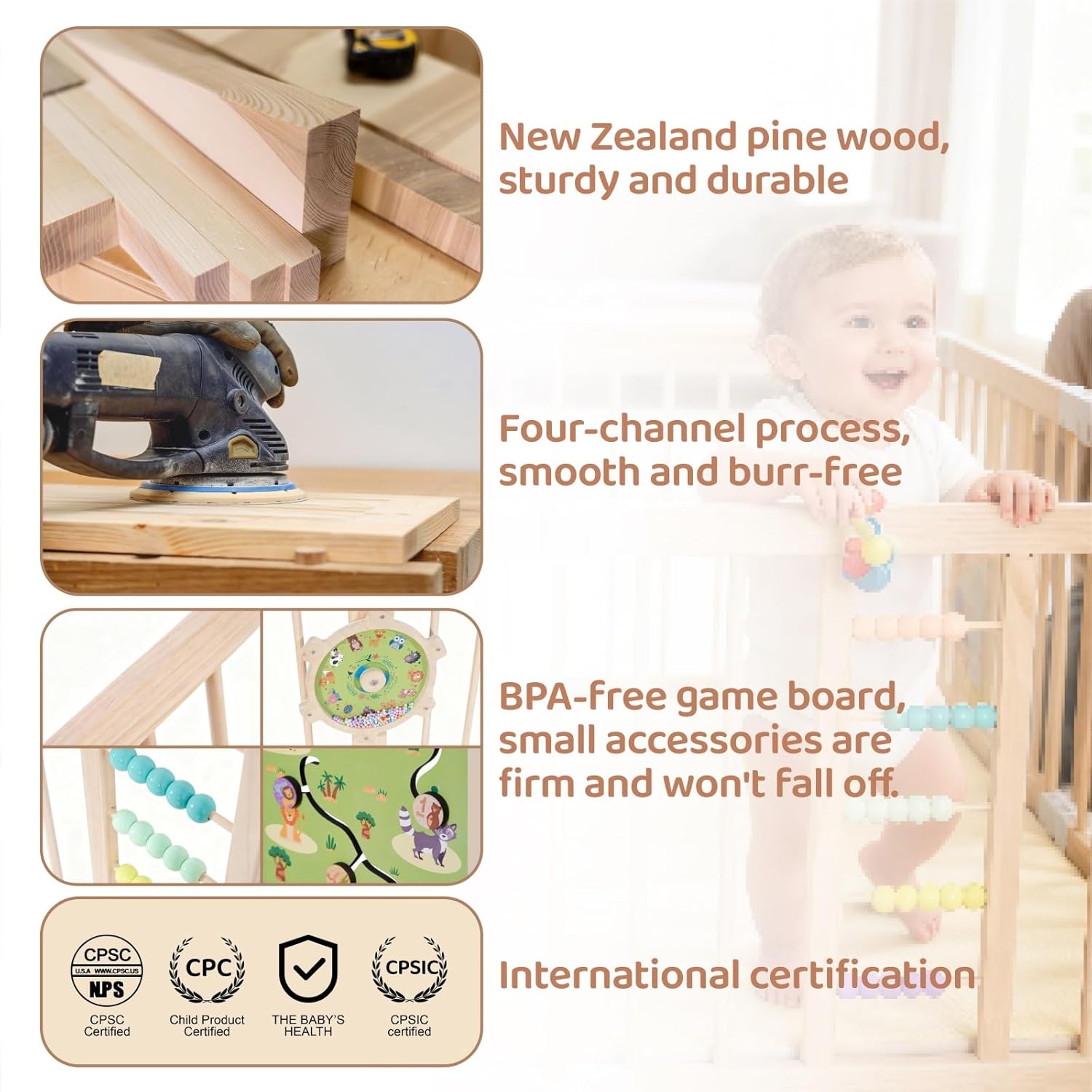 Wooden Baby Playpen, Large Foldable Play Yard for Babies and Toddlers, 57"x57"x24" Montessori Play Fence with Activity Center,Easy Fold & Safety Gate for Indoor Play Area