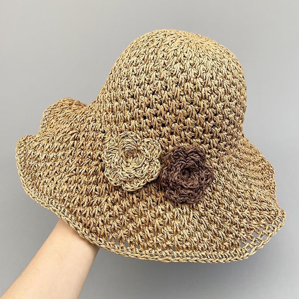 Lady Straw hat Women Summer Beach Hat Flower Foldable Large Brim Seaside Holiday Sun Hats Cap Brown - Image 3