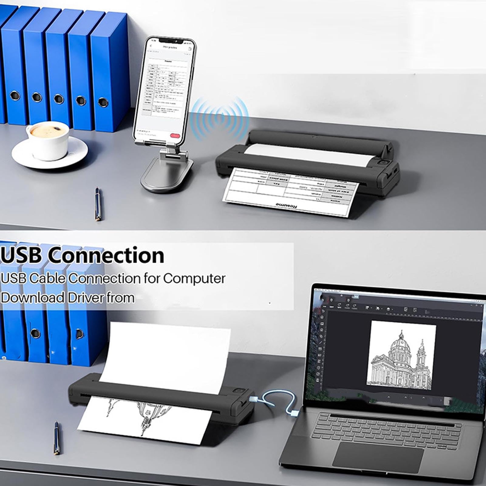Goshyda Impresoras Portátiles Inalámbricas para Viajes, Impresora Térmica Bluetooth Compatible con Papel Térmico de 8,5 X 11 Pulgadas, Letra 2 a 8,5 Pulgadas, Impresora Móvil sin Tinta (Black)