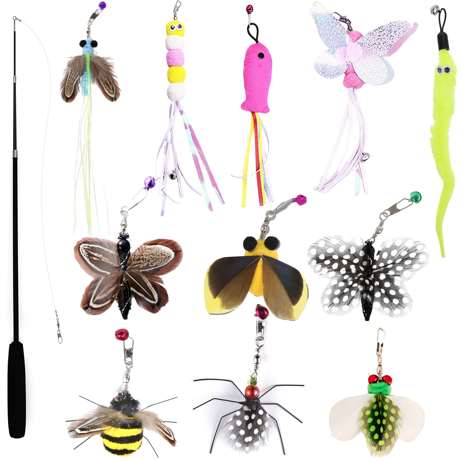 Hjvvr Cat Teaser Wand Toy Set,1 Extendable Road with 11 Attachments,Insect Feather Toy