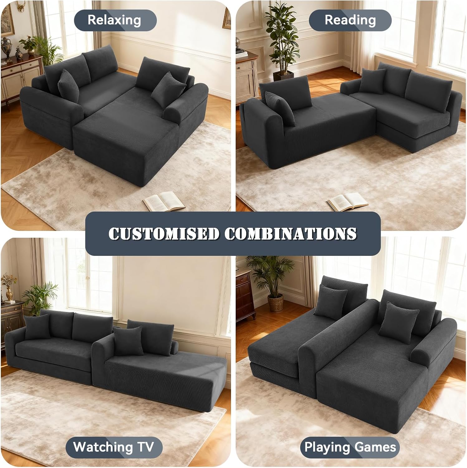 103 inch Cloud Sectional Couch, Modular Sectional Sofa with Deep Seat,Folding L-Shape Sofa Bed,Corduroy Boneless Couch Bed for Living Room,No Assembly Required,(Gray,Right Facing Chaise)