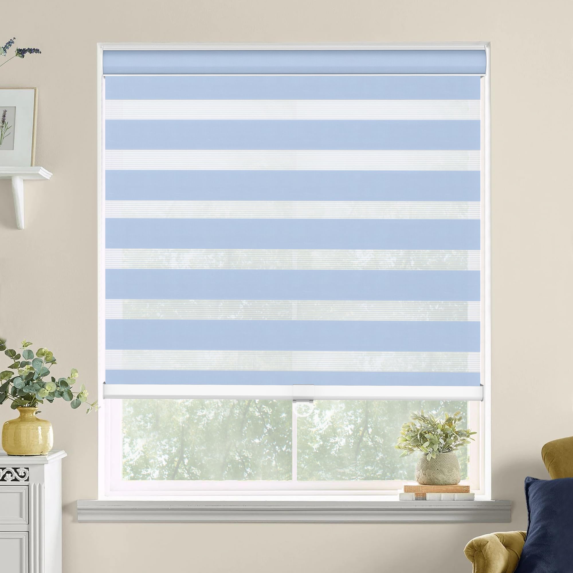 Didoya Zebra Blinds for Windows, Cordless Roller Shades for Indoor Windows with Color Matched Cassette, Dual Layer Fabric Light Filtering Sheer Shades for Living Room Bedroom, Blue 29