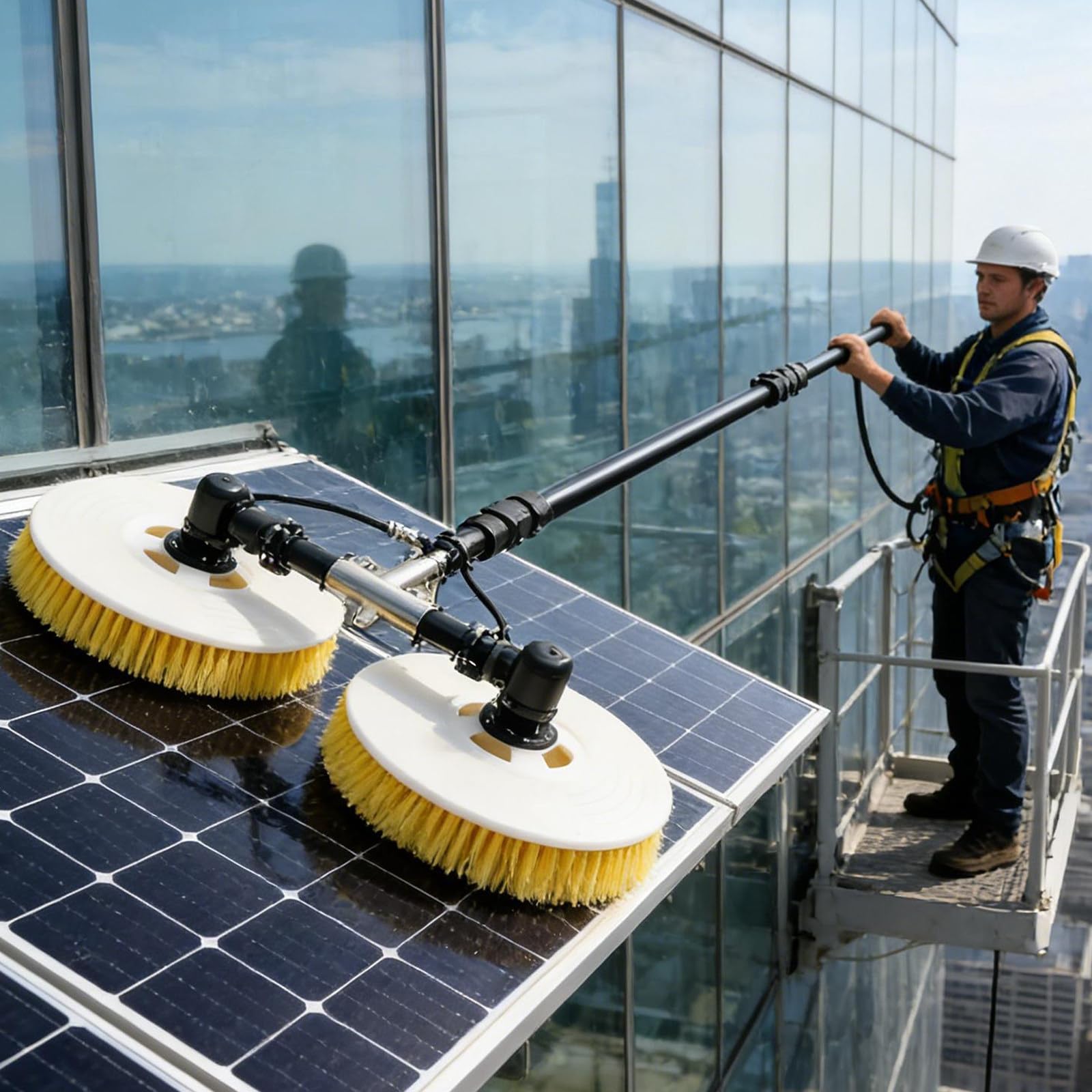 AYCDL Dual Head Solar Panel Cleaner, Telescopic Pole, Mains Powered, Heavy-Duty, for Photovoltaic Arrays Rooftop Glass Cleaning,7.5m(24.6ft)