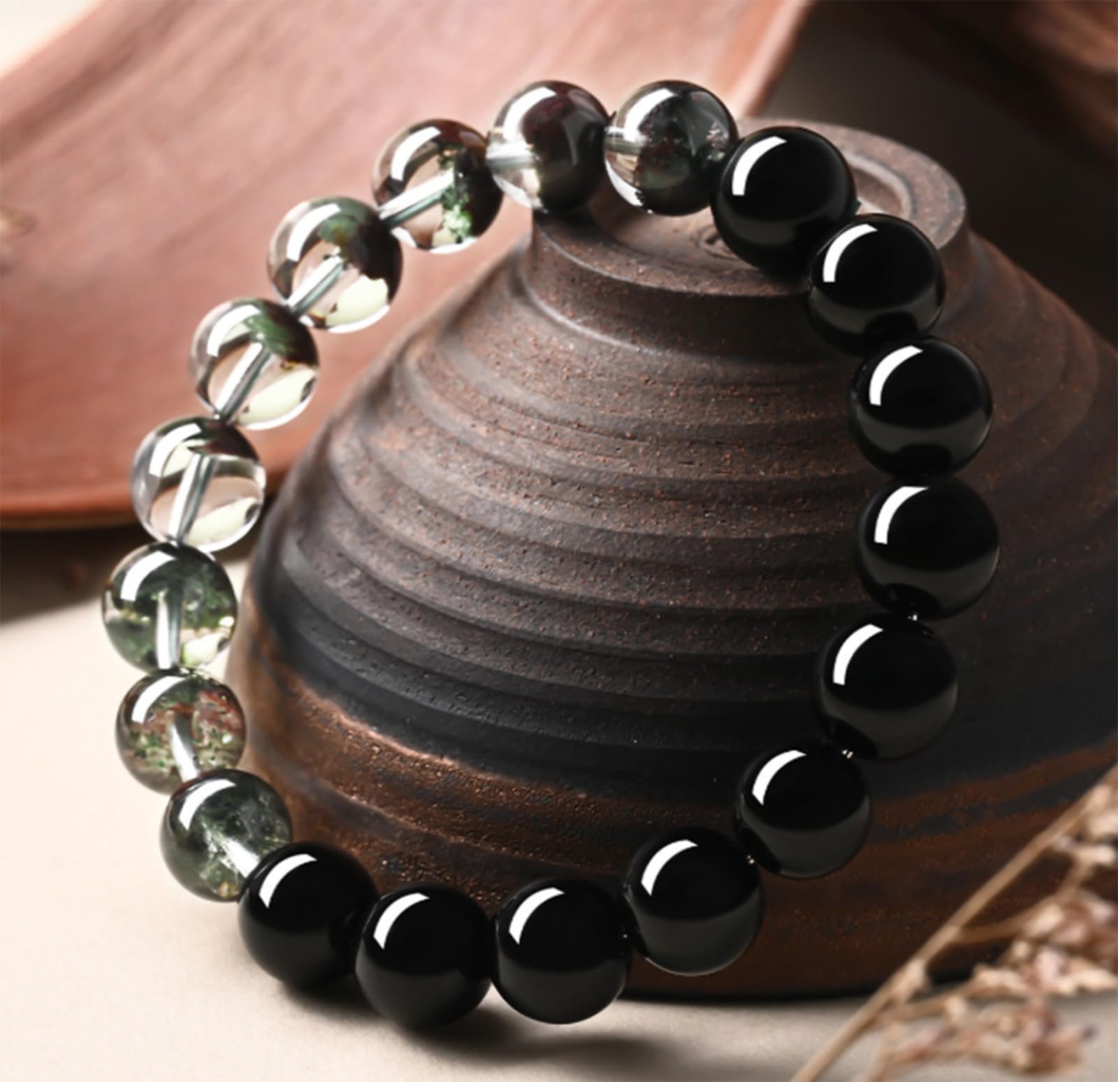 Braccialetti in pietra di cristallo naturale, bracciale portafortuna Feng Shui con quarzo fantasma verde e perline di ossidiana nera, gioielli di protezione con cristalli, regali spirituali,12mm