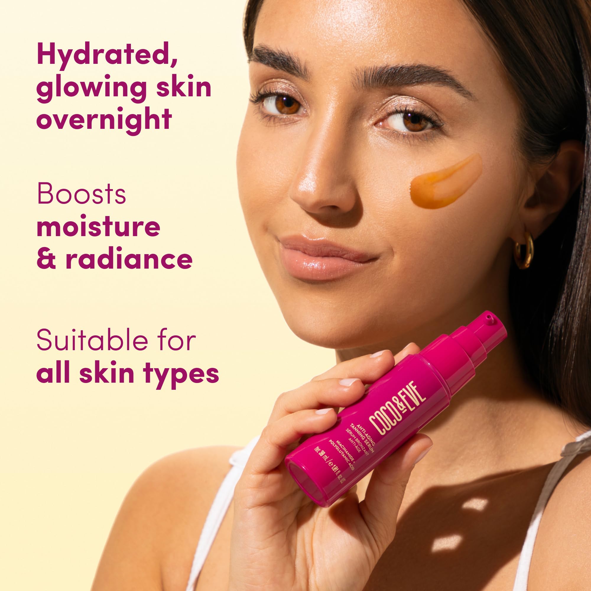 Coco & Eve Anti-Aging Tanning Serum - Face tanner with Skincare Actives for Gradual, Hydrating Glow. Natural Self Tanning Bronzer, with Niacinamide & Antioxidants for Healthy Glowing Skin (1.01 Fl Oz)