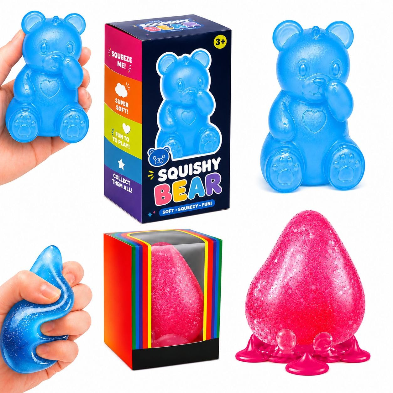2 Pcs Premium Squishy Toys – Cute Bear & Drop Soft Slow Rising Squeeze Toys for Stress Relief, Sensory Play & Gifts