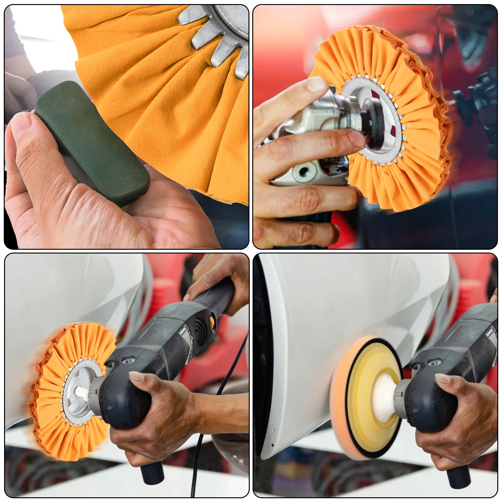 Hedume 4-teiliges Airway-Polierscheiben-Set, 20,3 cm Durchmesser, 1,6 cm Dornloch, 16-lagig für Winkelschleifer, Zink-Eisen, Zellstoffgewebe, weiß, orange, blau, gelb