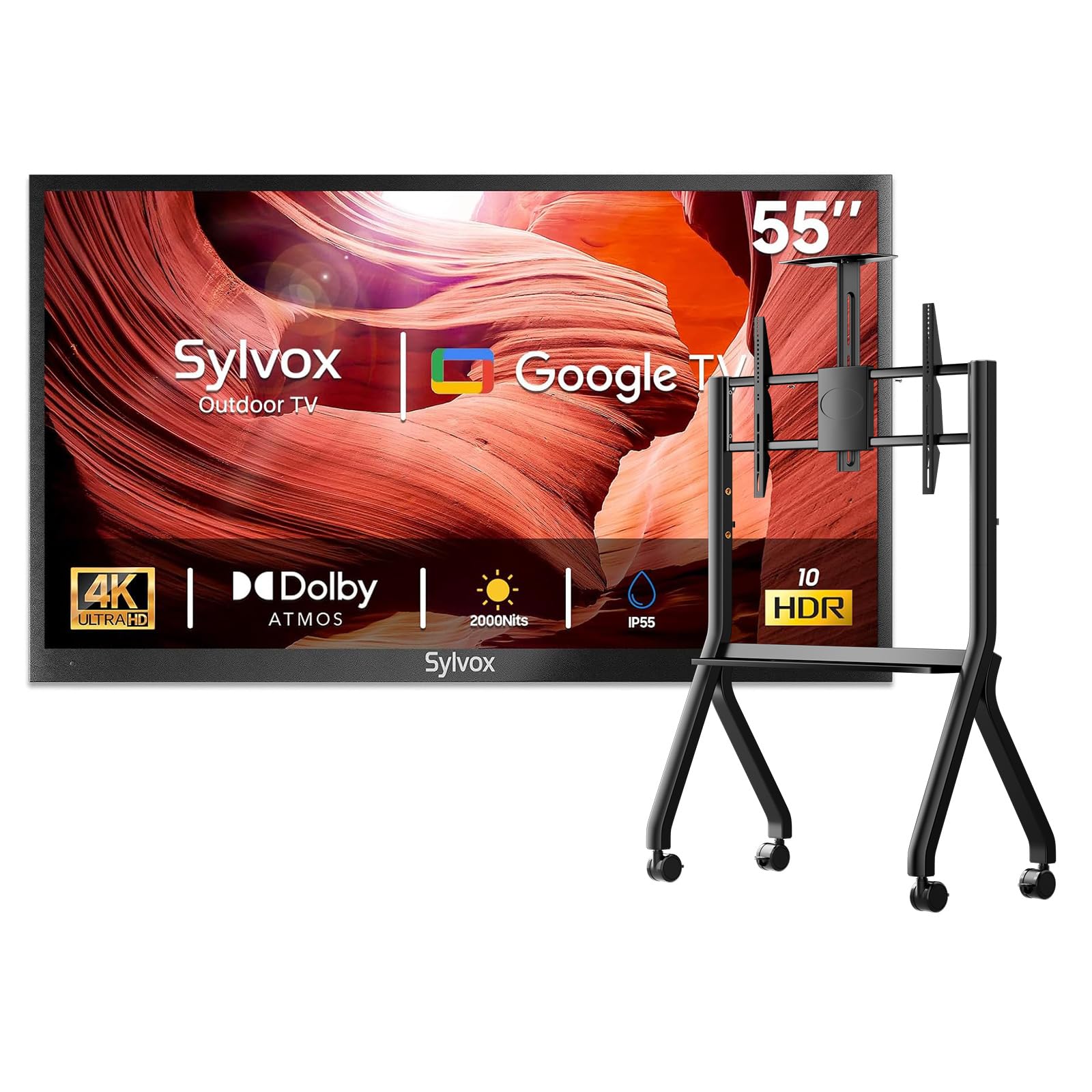 SYLVOX Outdoor TV with Rolling Stand 55 inch 2000 Nit Full Sun Smart TVs Sunlight Readable IP55 Waterproof