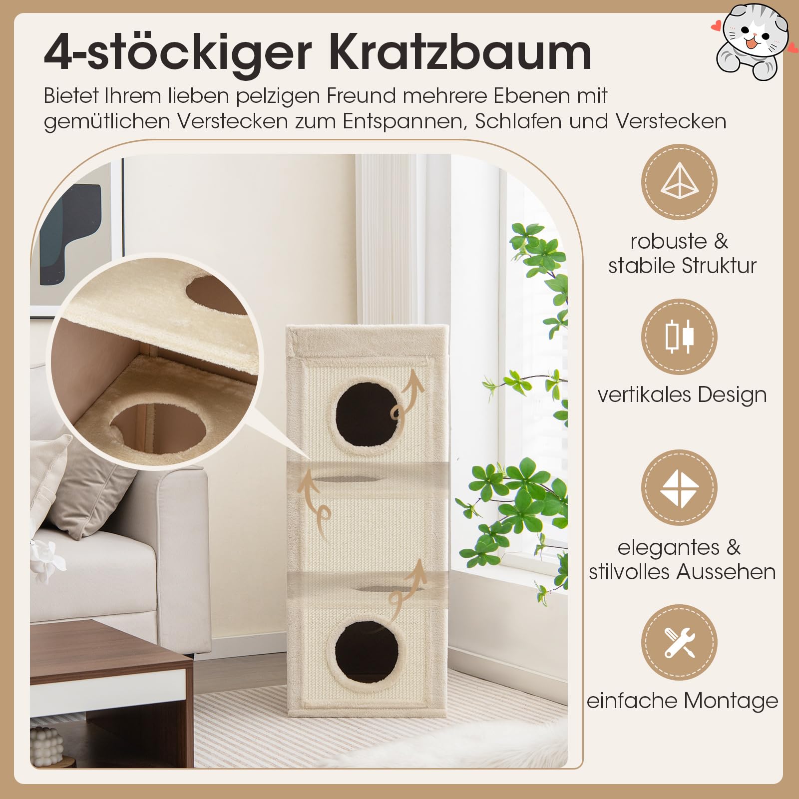 COSTWAY 4-stöckige Kratztonne Katzentonne, Kratzbaum mit Kratzbrett, 3 Höhlen & Kissen, Spieltonne für Katzen bis 25 kg, Katzenkratzbaum Katzenhaus Katzenmöbel, 40 x 40 x 99 cm (Beige)