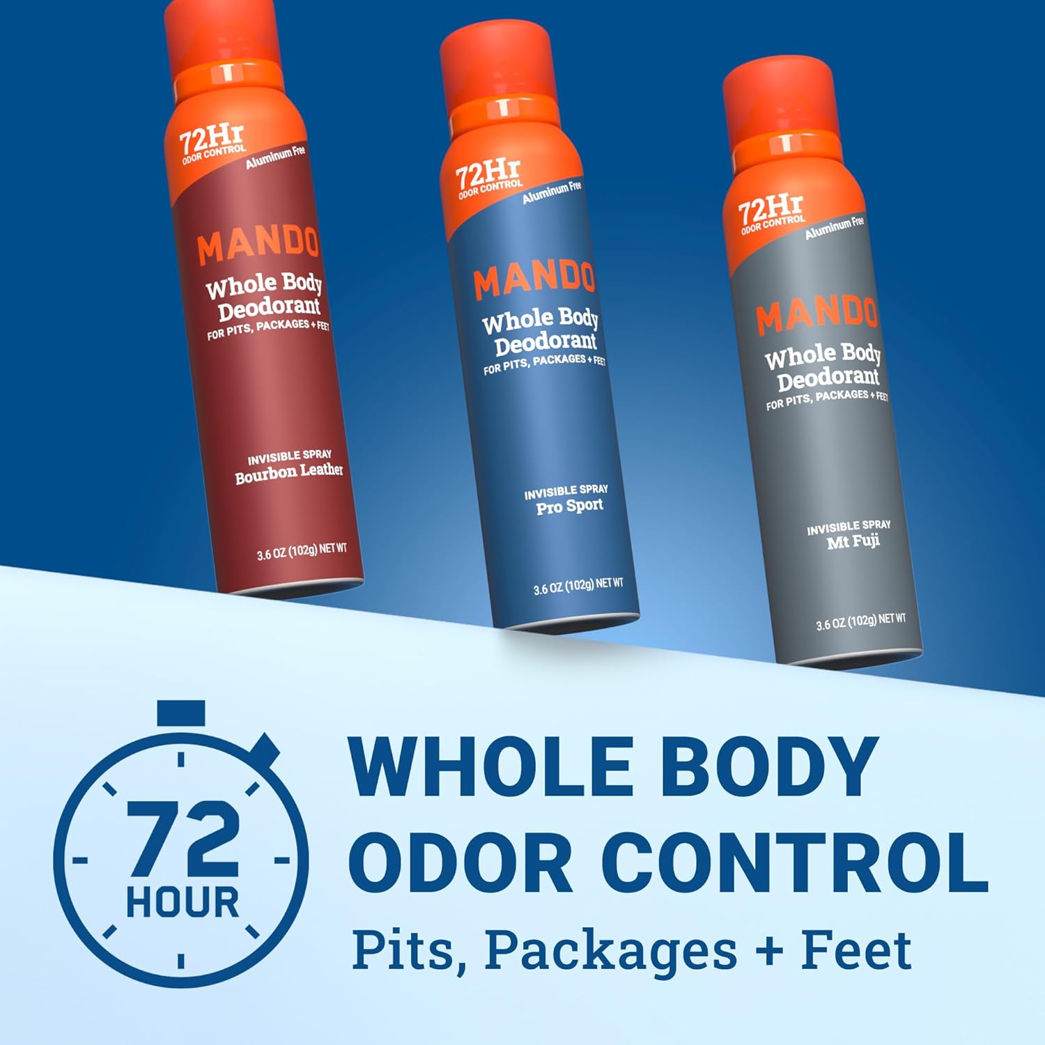 Mando Whole Body Deodorant For Men - Invisible Spray Deodorant - 72 Hour Odor Control - Low Irritation Formula - Aluminum Free, Benzene Free - 3.6 ounce - 3pk - Bourbon Leather, Mt Fuji, Pro Sport - Image 2