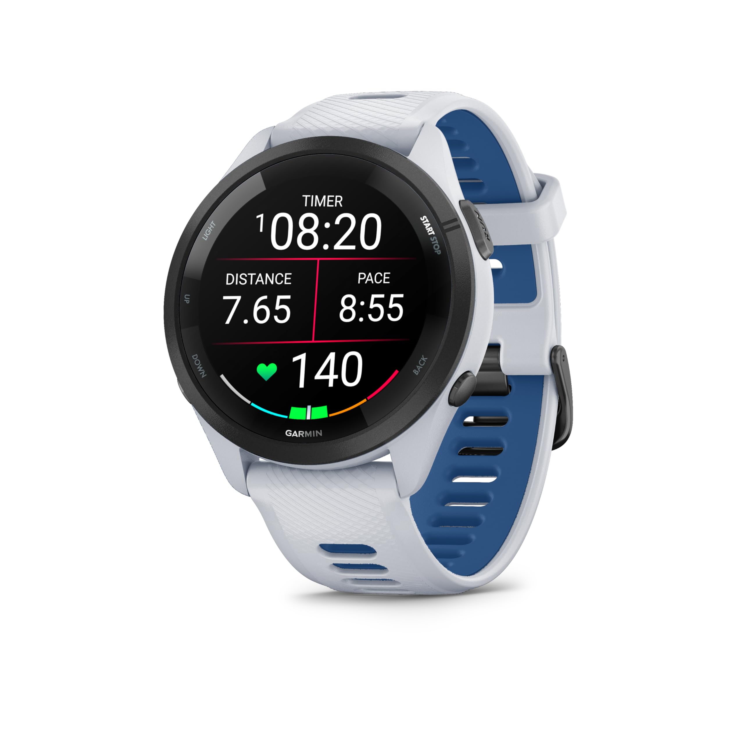 Garmin Forerunner 265 en color blanco con su brillante pantalla AMOLED y diseño bicolor.