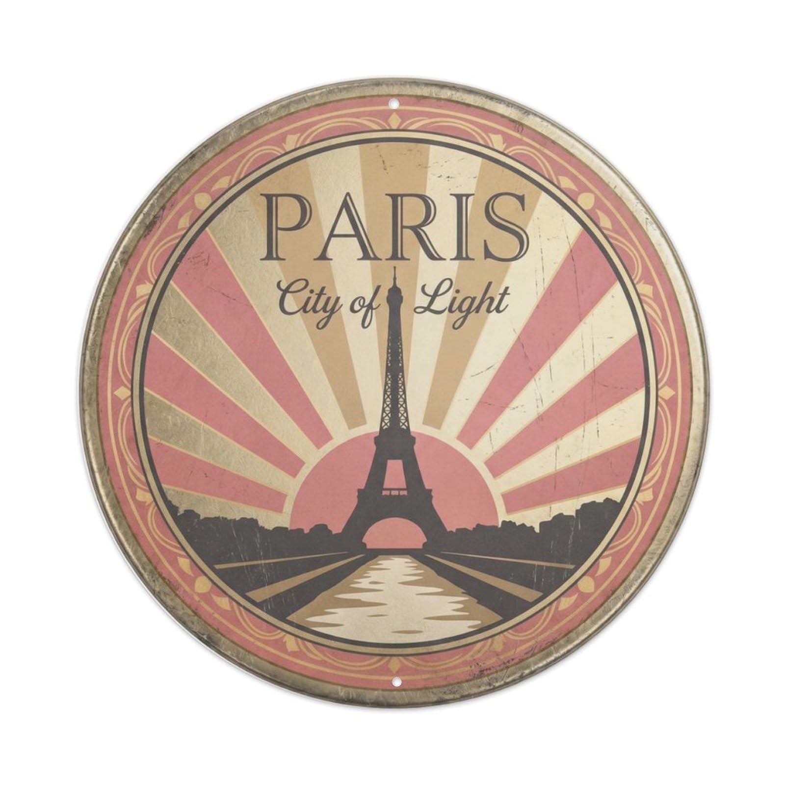 Vintage Travel Paris Eiffel Tower Metal Tin Sign Plaque Wall Decor for Cafe, Club Bar, Office, Home Garden Round Metal Poster 8x8Inch