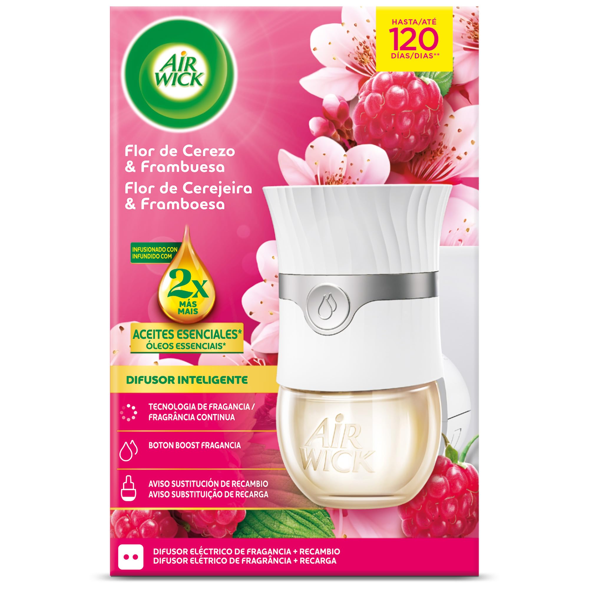 Air Wick Ambientador Eléctrico - Aparato difusor Inteligente con tecnología Anti-Fading y Recambio con Aroma a Flor de Cerezo y Frambuesa, infusionado con 2 Veces más aceites Esenciales