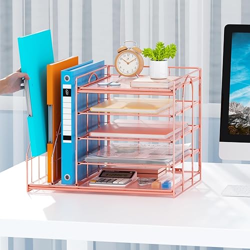 Miniatura 4 de Marbrasse Organizador de escritorio con soporte para archivos, bandeja de papel de 5 niveles, accesorios de escritorio de malla, soporte para