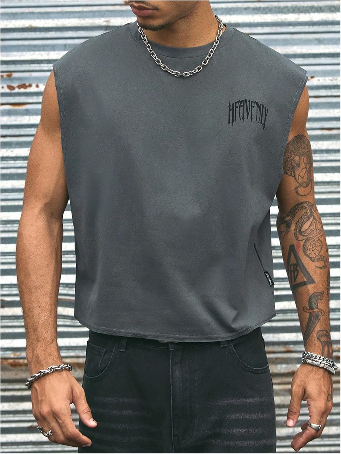 GORGLITTER Men's Oversized Cropped Tank Top Graphic Y2k Loose T Shirt Sleeveless Cool Streetwear Dark Grey X-Large