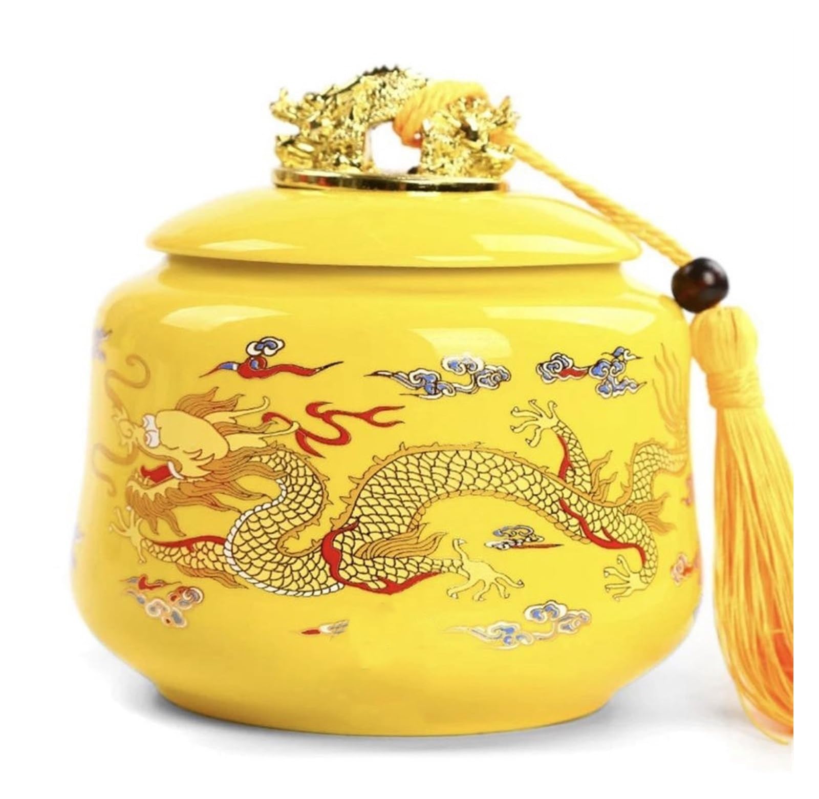 CROWEL Chinese Style Tea Caddy，Tea Caddy For Tea Bags，Design Of A Golden Dragon Sculpture With Tassel Rope,Yellow Twin Dragons Sealed Jar,Ceramic
