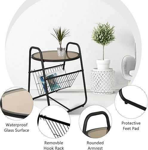 Miniatura 5 de ECOMEX Mesa auxiliar redonda, mesa auxiliar de metal con soporte para revistas para soporte de tocadiscos, mesa auxiliar pequeña para dormitorio,