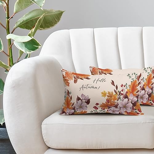 Miniatura 7 de Hello Autumn - Juego de 2 fundas de almohada lumbar de hojas de otoño naranjas de 12 x 20 pulgadas, diseño de hojas florales de Acción de Gracias,