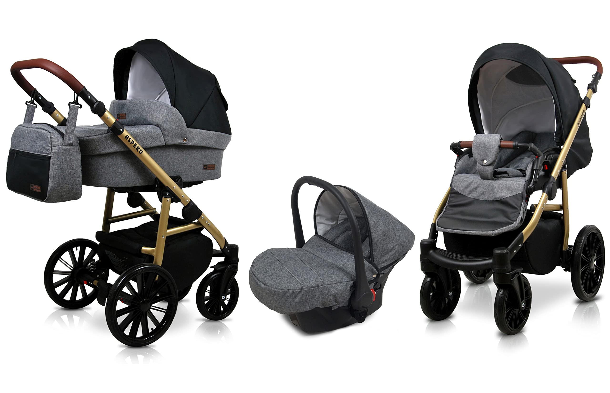BabyLux Aspero 3 w 1 System Podróżny dla Dziecka | Wóżek + Spacerówka + Fotel Samochodowy z Akcesoriami, Folia Przeciwdeszczowa, Skrętne Koła Żelowe | Szary Elastyczny Czarny