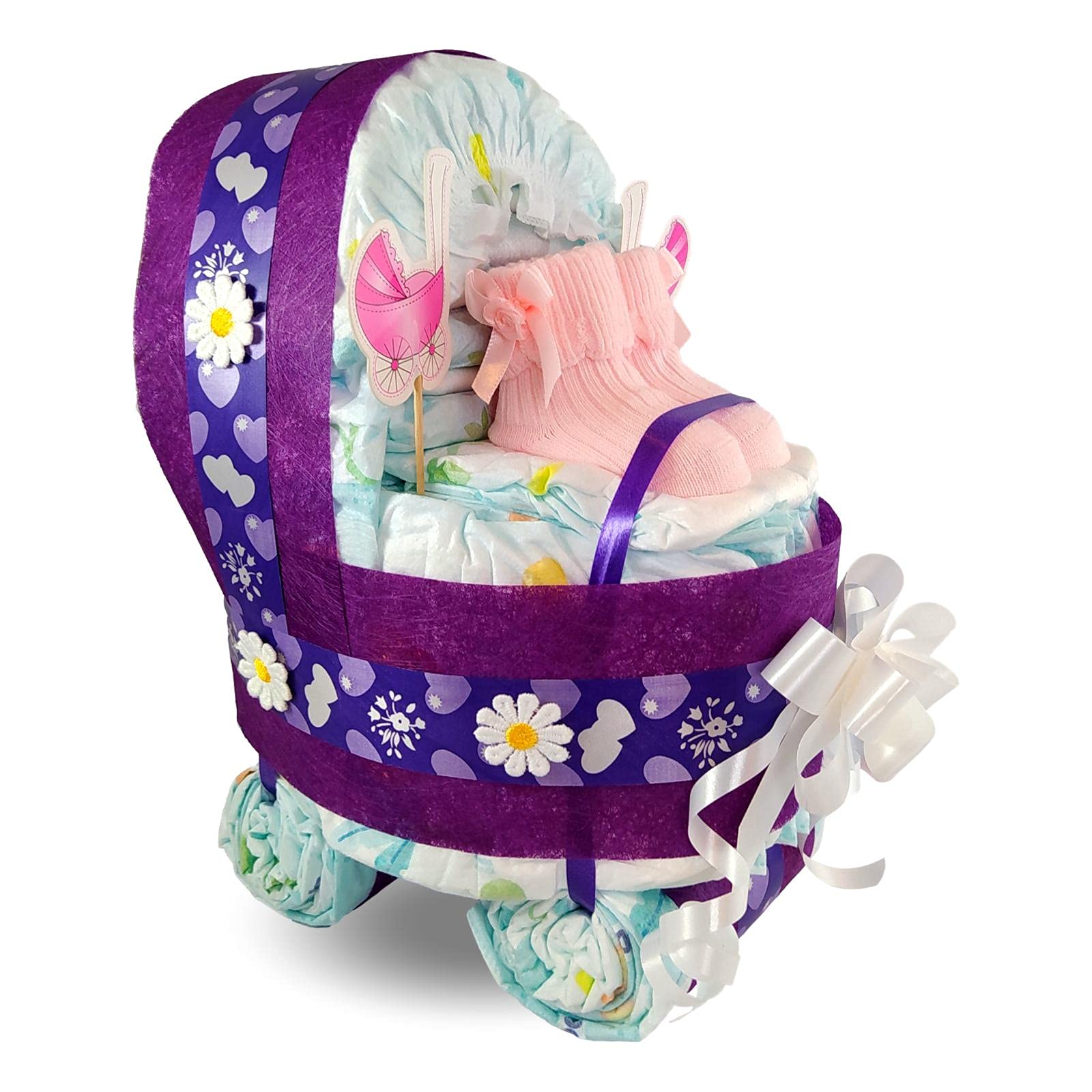 Torta di Pannolini Carrello per Ragazza Viola, 31 Pezzi, 1 Unità, Size 3, Rosa o Bianco, Decorazione con Fiori e Nastro, Regalo Perfetto per Coppie in Attesa di un Figlio