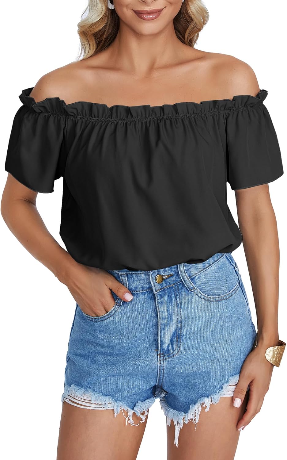 LYANER Women's Off Shoulder Ruffle Short Sleeve Ruched Casual Loose Tops Blouse Shirt - Image 4