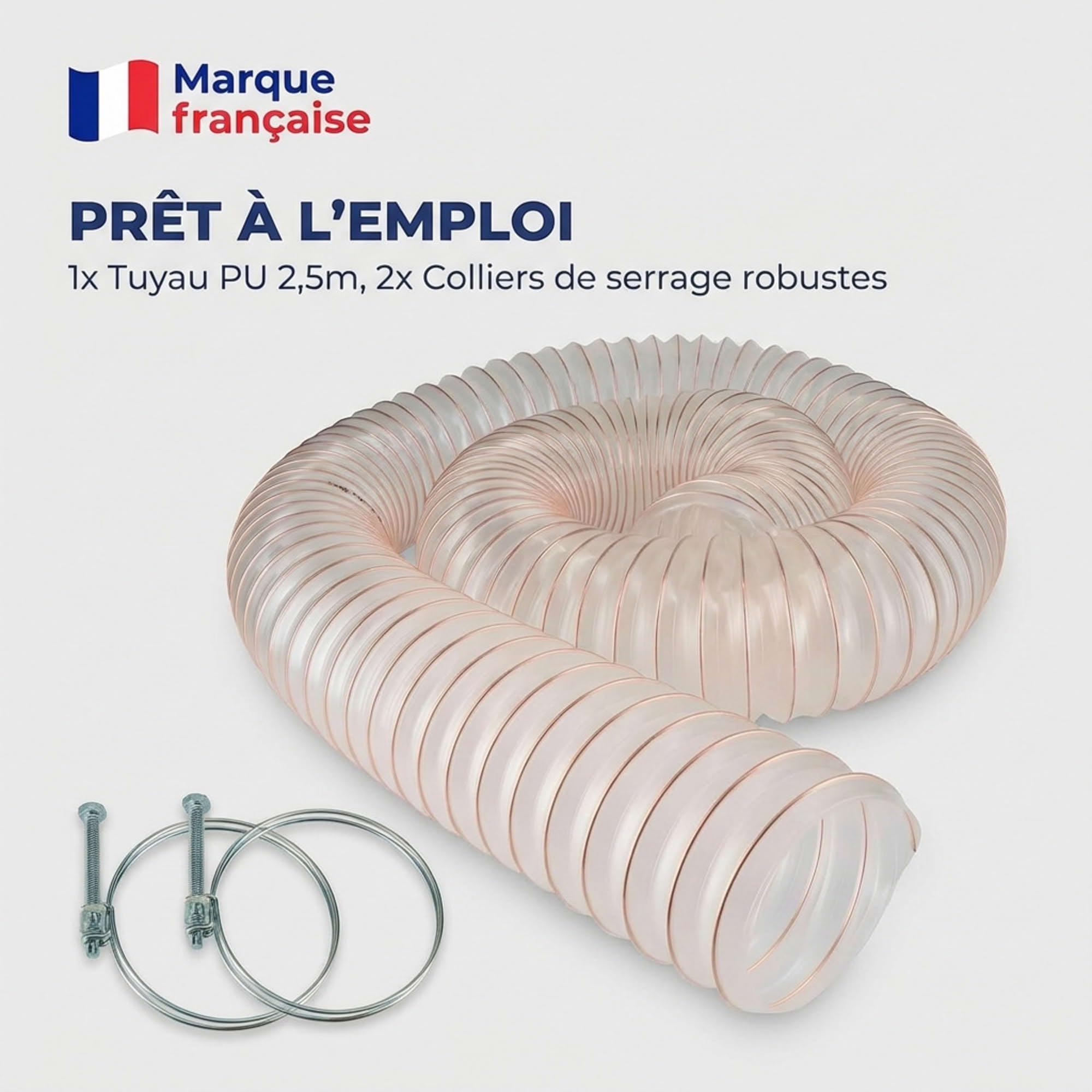 Tuyau flexible d'aspiration en polyuréthane - Diamètre de 100 mm + 2 colliers de serrage - 2,5 MÈTRES