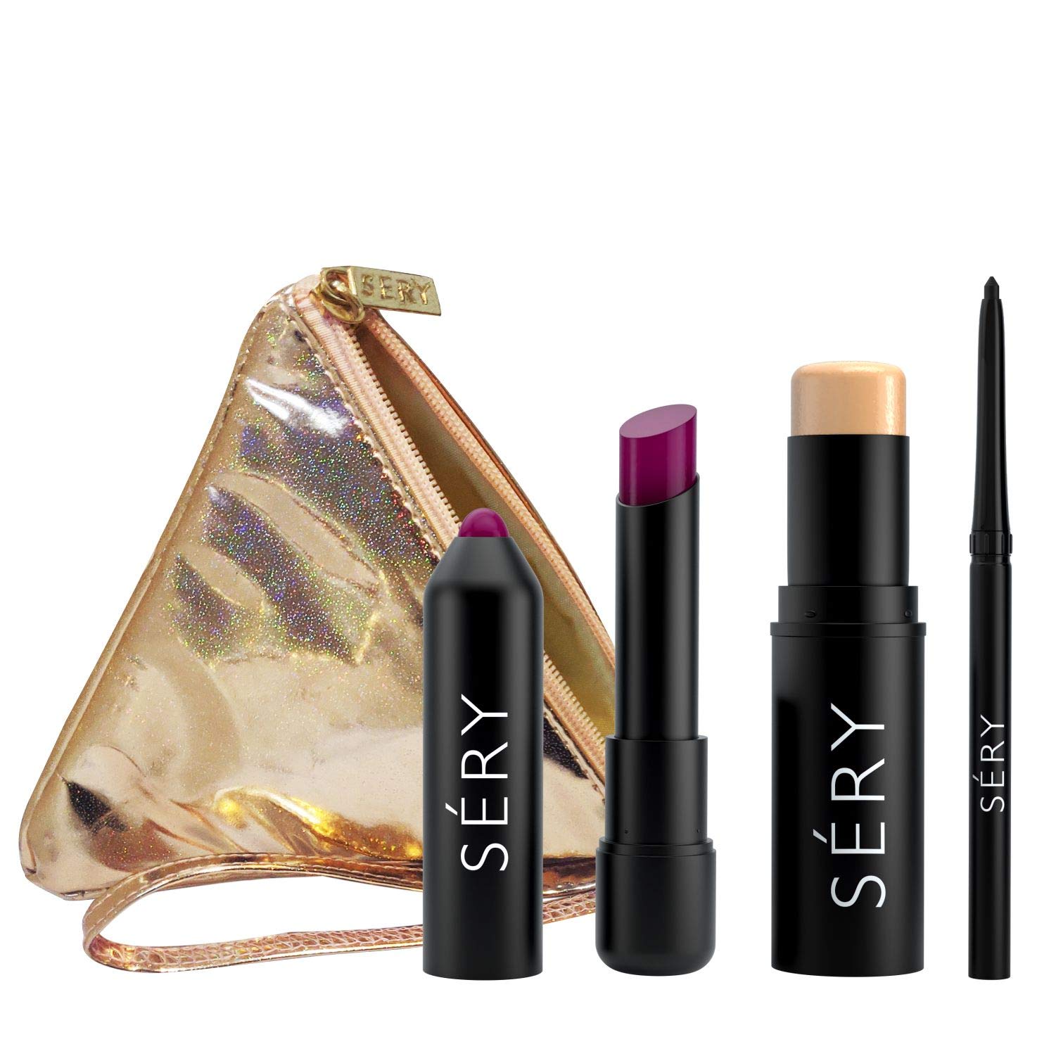 SERYFix 'N' Click Foundation Stick F2 Natural+ Pout 'N' Shine Lip Tint T5 Berrymint+ Flasheye Intense Kajal K1 Black Bite Black with Makeup Pouch Pieces, Multi-color, 4 count
