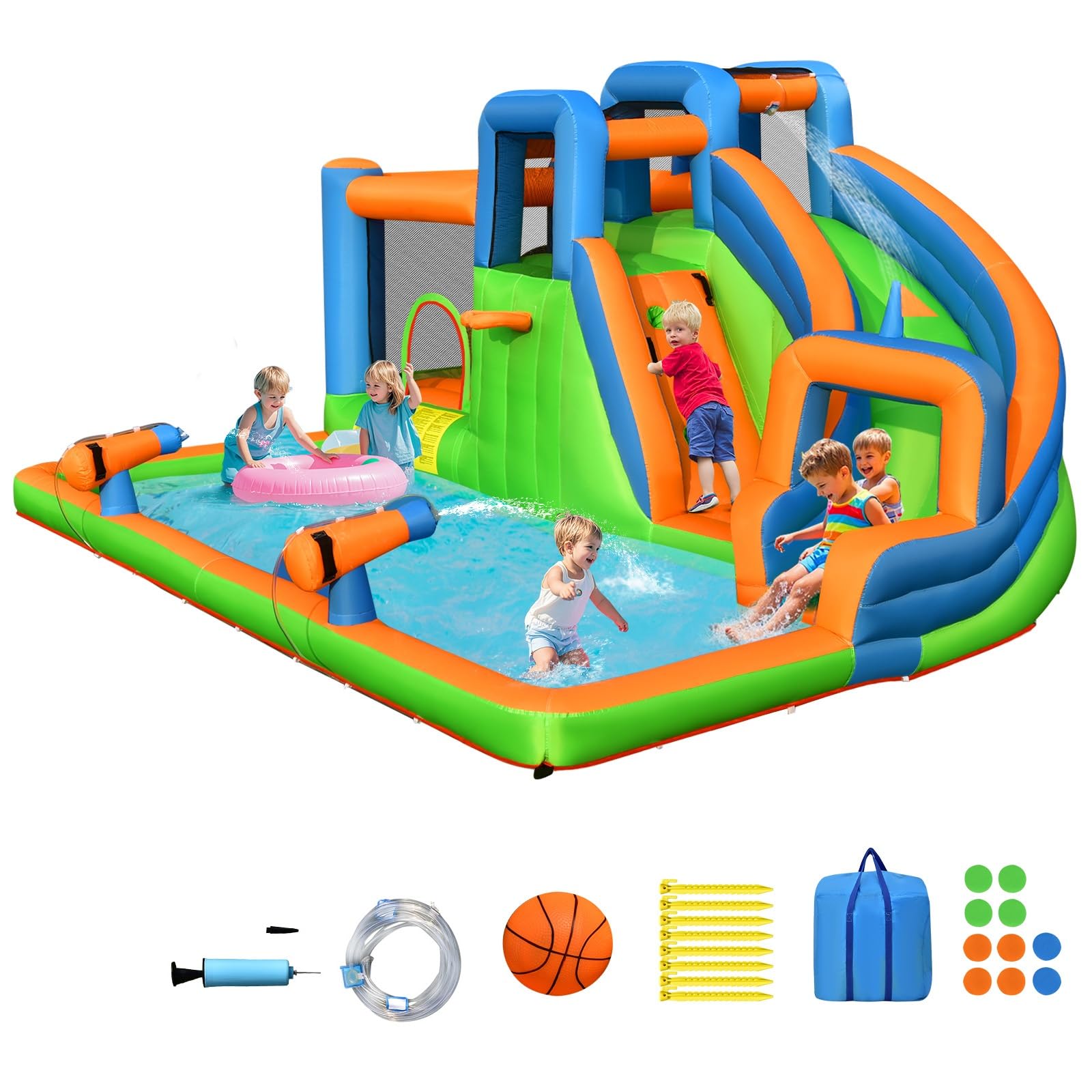OLAKIDS Inflatable Water Slide, 7 in 1 Bounce House Water Park with Slide Splash Pool Climbing Wall 2 Water Guns Basketball Rim, Outdoor Inflatable Obstacle Course for Kids Backyard (Without 735W)