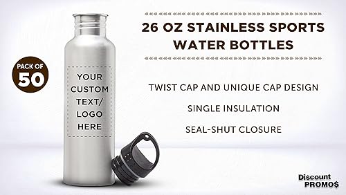 Miniatura 3 de DISCOUNT PROMOS Botellas de agua personalizadas de acero inoxidable de 26 onzas, juego de 50, paquete a granel personalizado, reutilizables, a