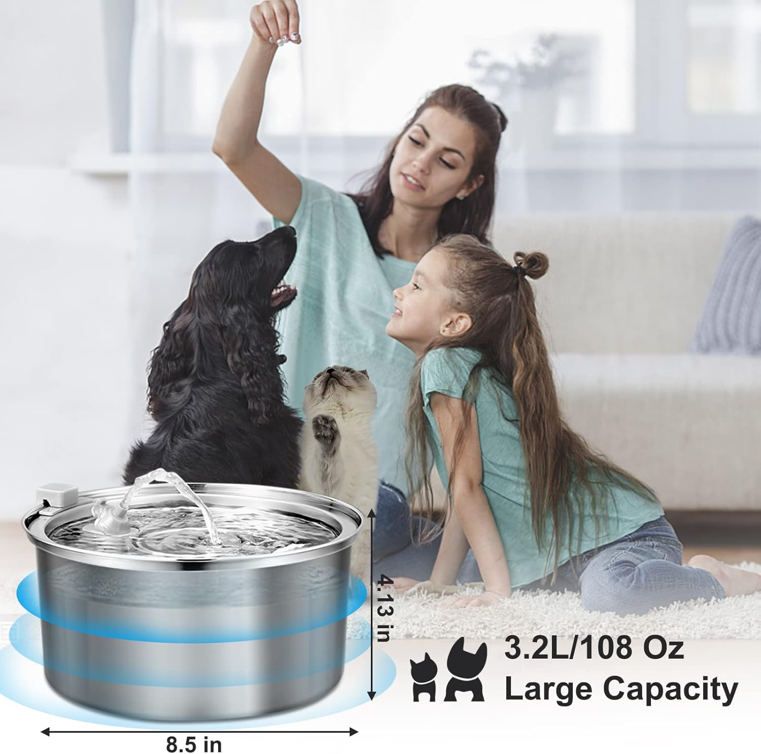 Petilog Stainless Steel Cat Water Fountain, 3.2L/108oz Automatic Pet Water Fountain for Multi Pet Households, Large Capacity Dog Water Dispenser with Ultra Quiet Water Pump : Pet Supplies