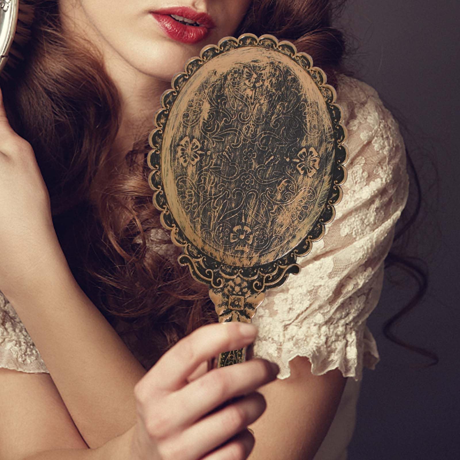Specchio a Mano Vintage, Specchio Tascabile con Manico, Specchio a Mano Ovale Piccolo in Bronzo, Retrò Motivo Maniglia Specchio per il Trucco per Donne, Ragazze, Viaggi, Casa, Ufficio, Uso