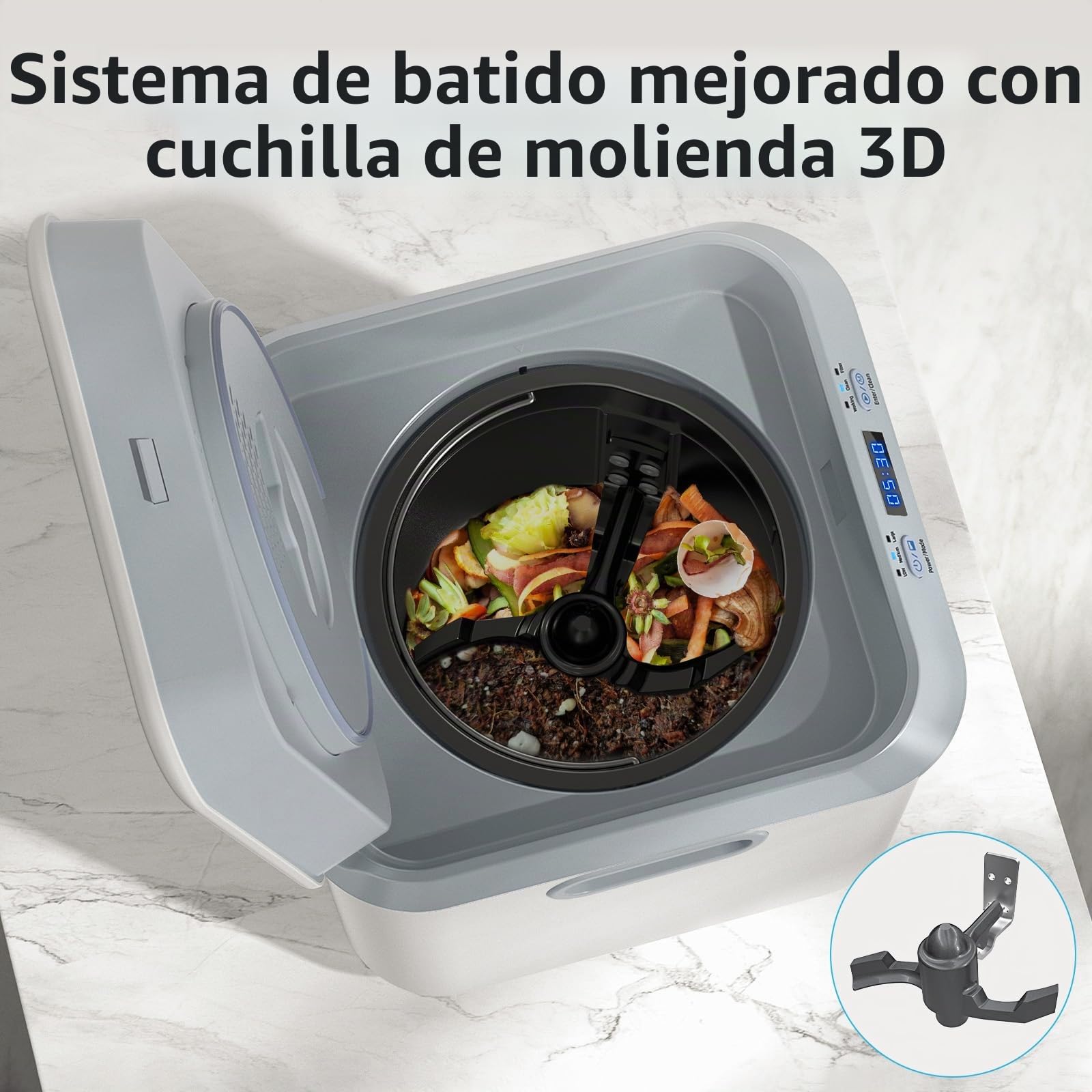 Compostador eléctrico para cocina: contenedor de abono inteligente, sin olor, limpieza automática, pantalla LED, 2.5 L