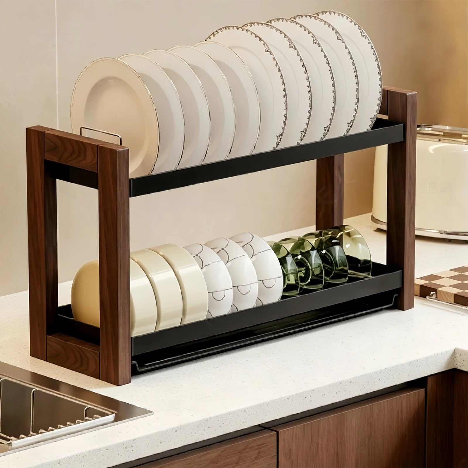 Scolapiatti Legno con Vassoio Sgocciolatoio | Scolapiatti 2 Livelli Salvaspazio,Piatti,Pentole,Coperchi,Ciotole,Tazze
