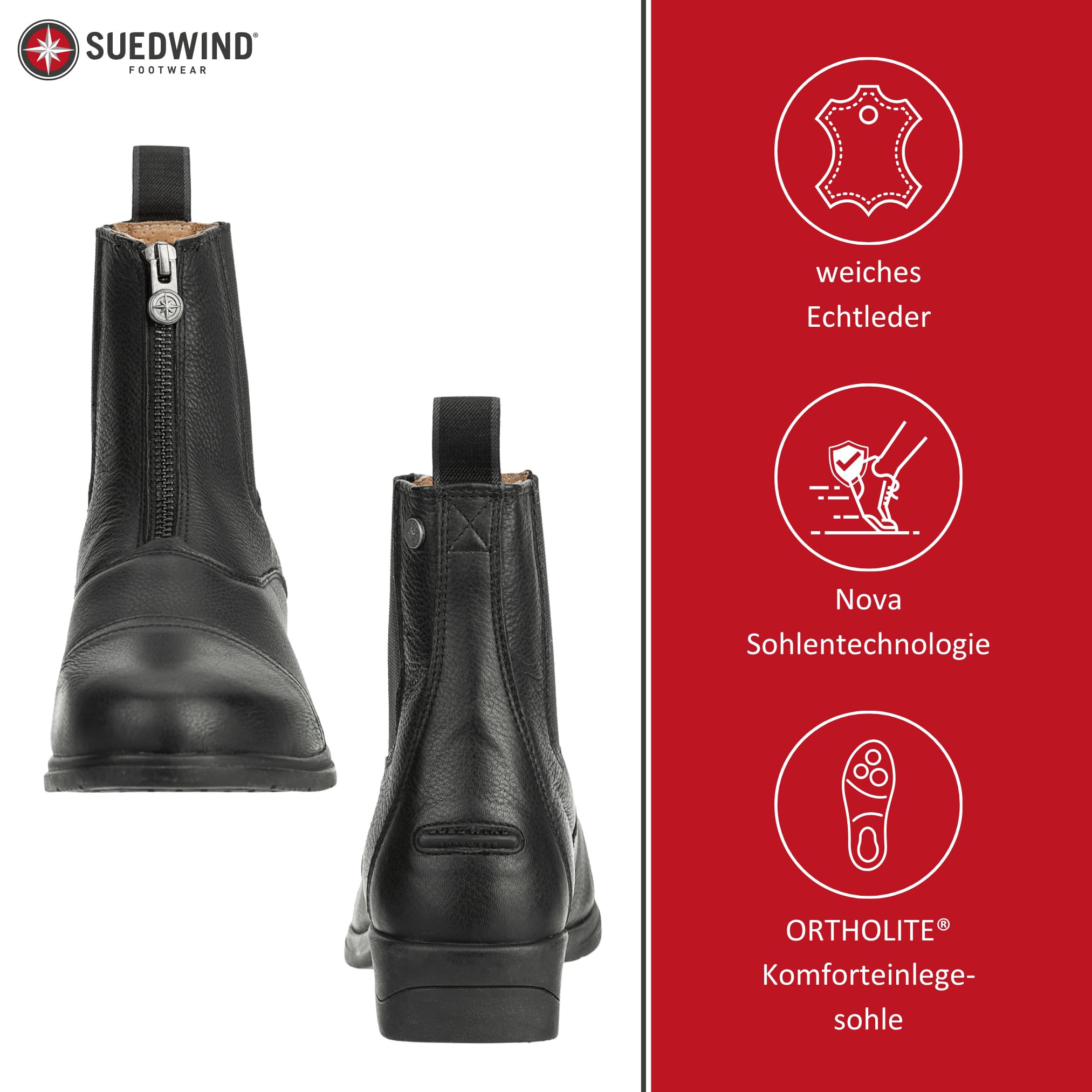 SUEDWIND FOOTWEAR Reitstiefeletten Nova Soft FZ - Unisex Reitschuhe aus weichem Rindsleder – Paddock Stiefeletten mit Mesh-Lining, Nova-Gummisohle & Reißverschluss vorne – schwarz – Gr. 25-46