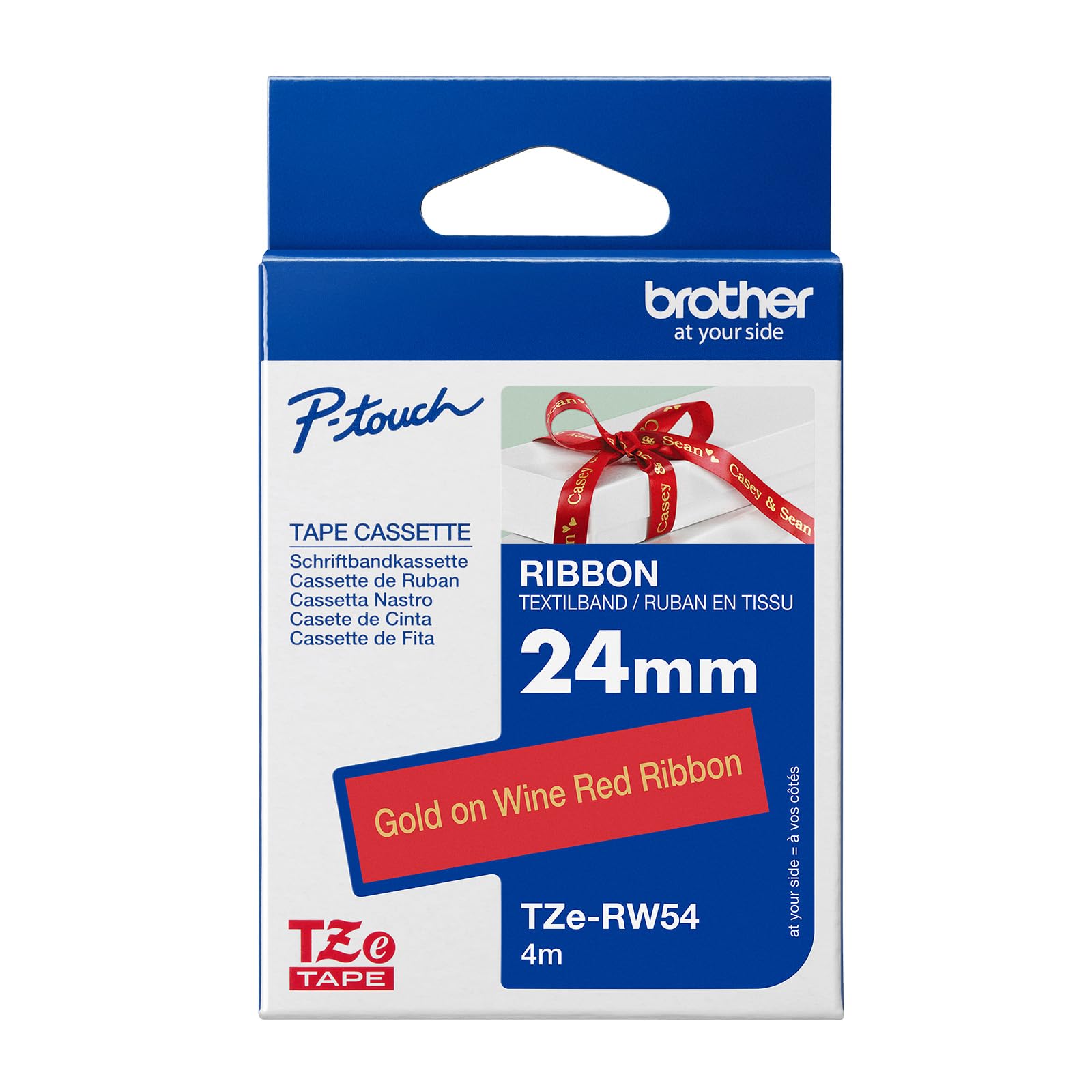 Oryginalna tekstylna taśma Brother TZe-RW54 złota na czerwonym winie - 24 mm szerokości, 4 m długości (m. in. do Brother P-touch H200, H100LB/R, H105, E100/VP, D200/BW/VP, D210/VP, Cube, Cube Plus)
