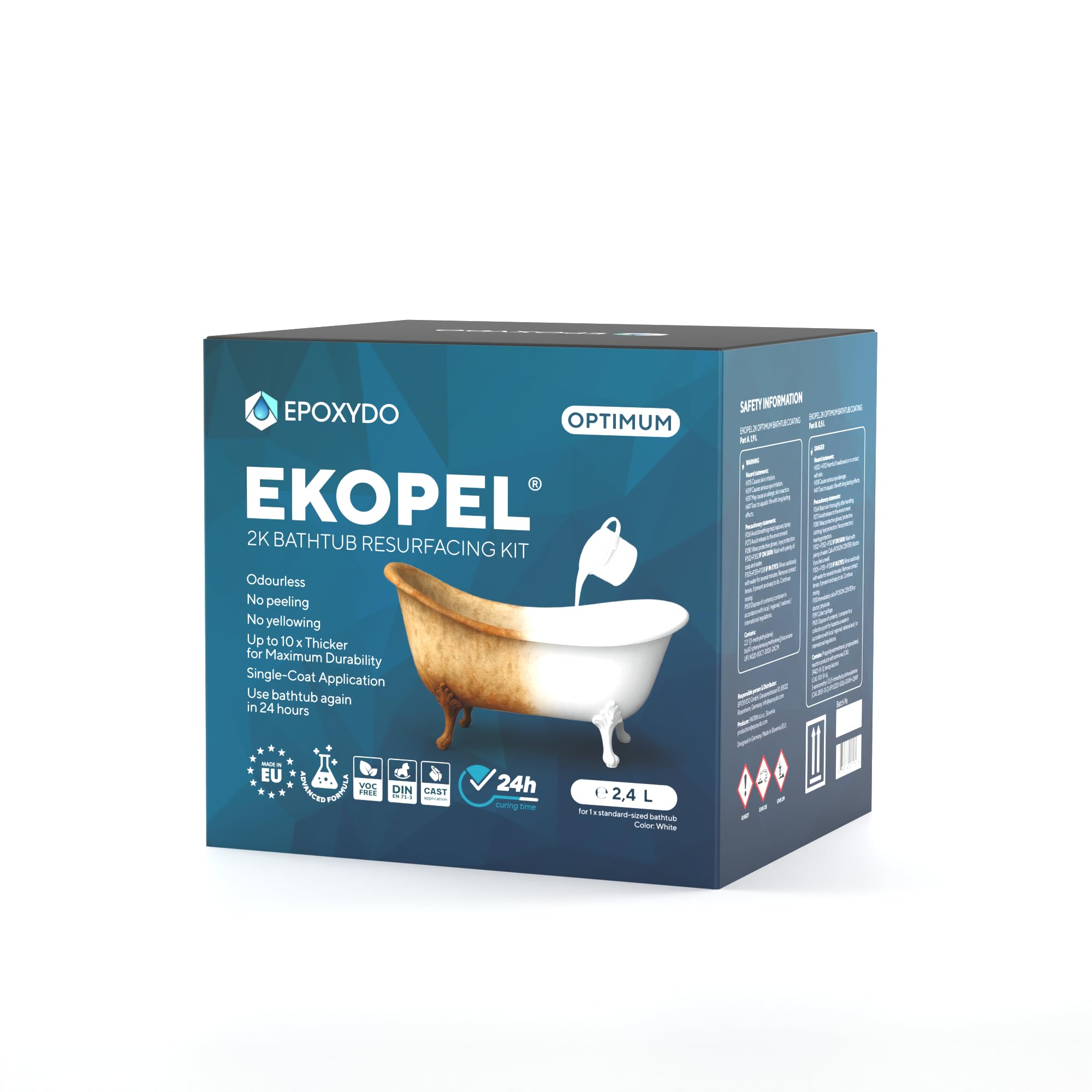 EKOPEL Vernice per vasca da bagno 2K Optimum. Inodore. Uno strato spesso e liscio. Tempo di indurimento 24 pezzi (vasca da bagno fino a 170 cm, bianco)