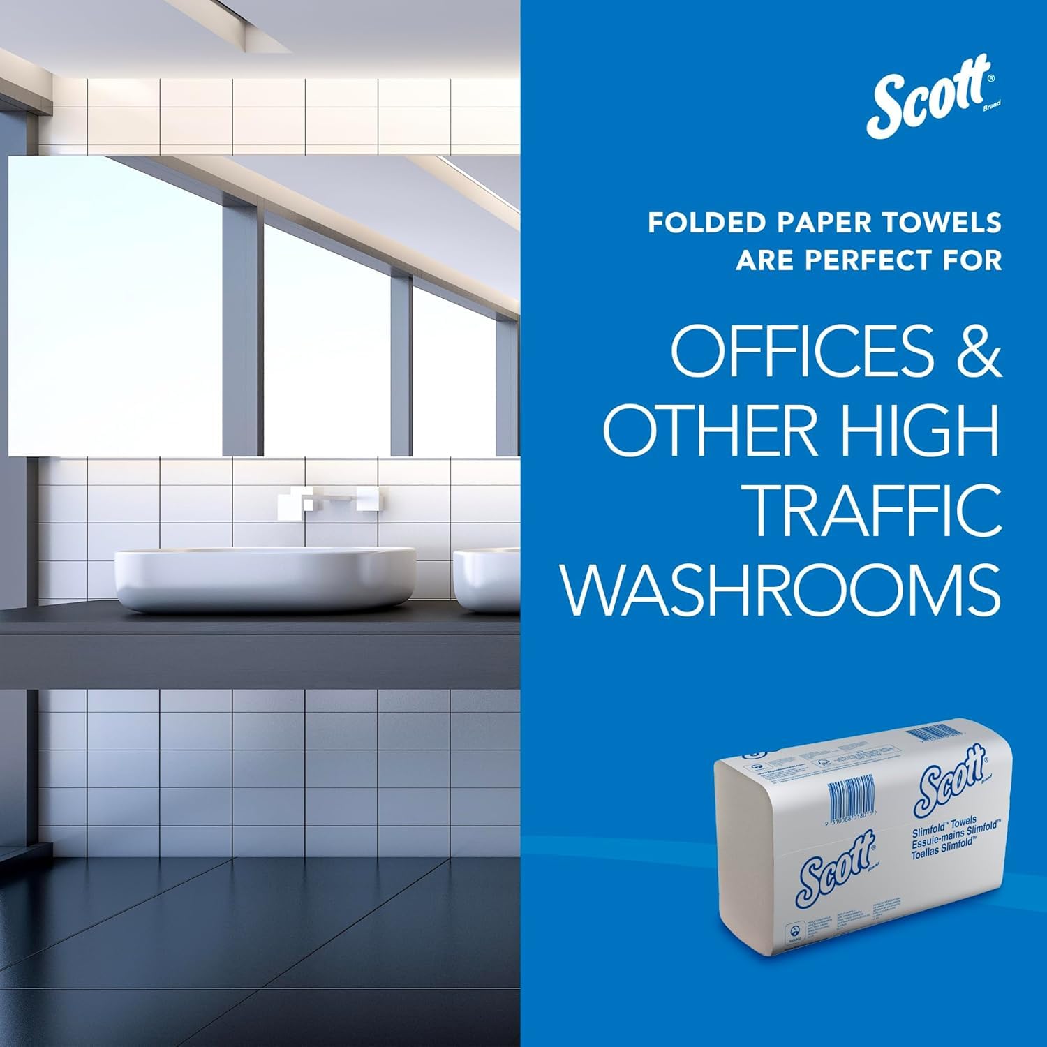 Ręczniki do rąk Scott 5856 Slimfold — 16 opakowań x 110 białych, 1-warstwowych arkuszy