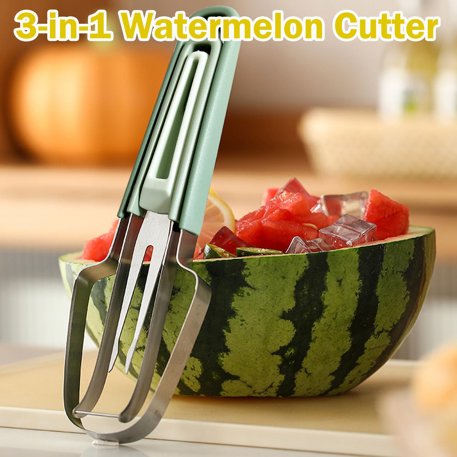 Hendiy Watermelon Cutter, 3-in-1 Watermelon Cutter Slicer Tool Stainless Steel Fruit Cutter Fork Watermelon Popsicle Cutter Set, Watermelon Slicer Kitchen Gadgets, Mint Green