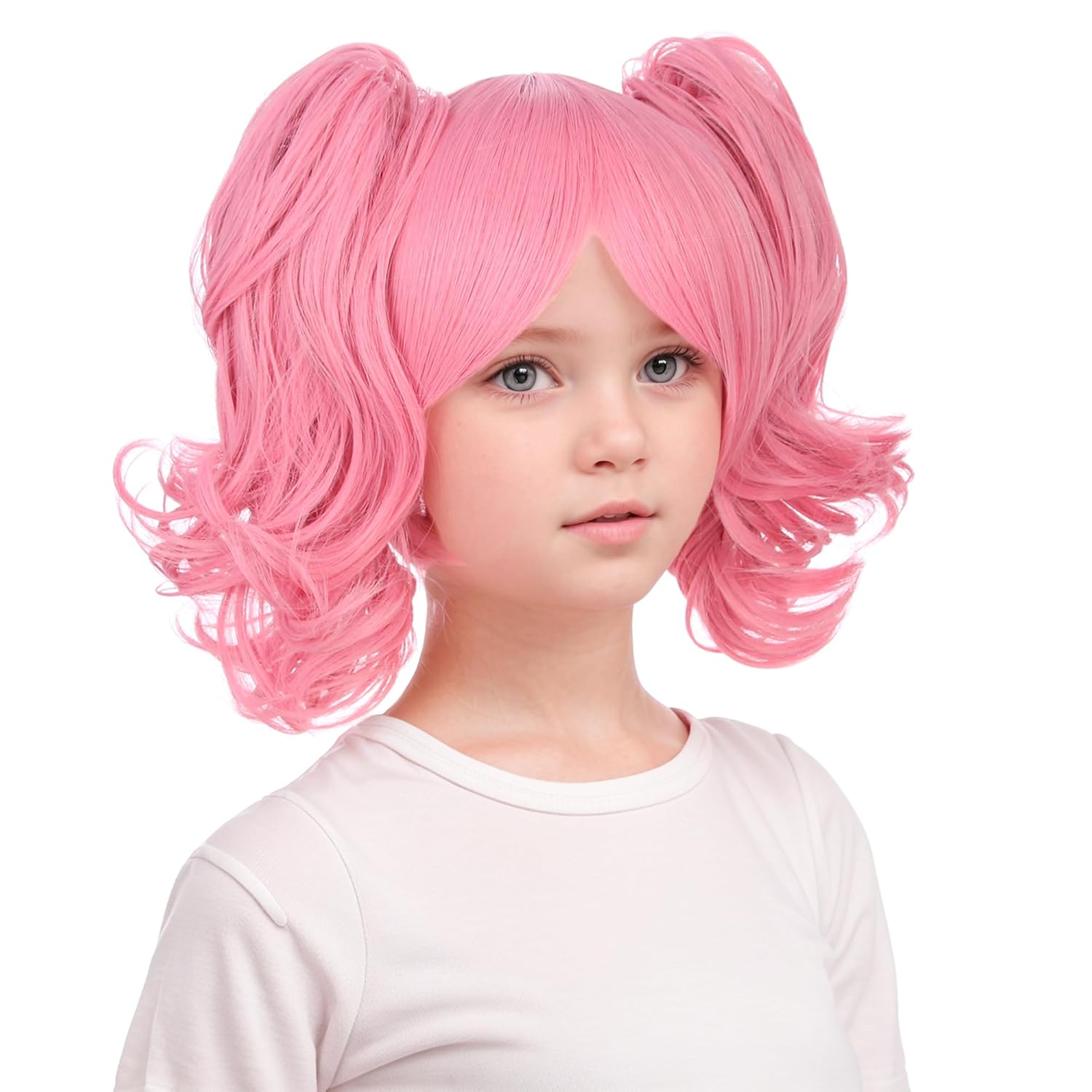 Girls Pink Ponytails Wig with Bangs for Kids Pastel Pink Wigs 2 Clip on Ponytails Wigs Child Daily Halloween Cosplay Wig